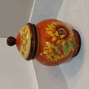Maxcera orange sunflower hand painted ceramic canister.